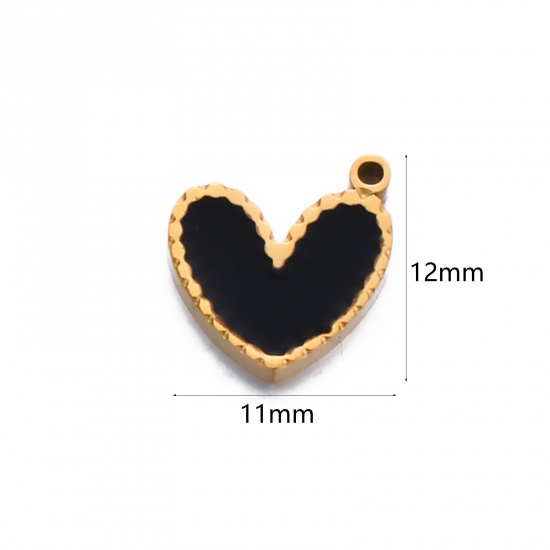Image de 1 Pièce Breloques en 304 Acier Inoxydable Élégant Cœur Doré Noir Émail 12mm x 11mm