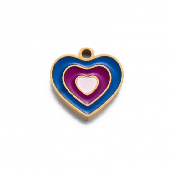 Picture of 1 Piece 304 Stainless Steel Stylish Charms Gold Plated Multicolor Heart Enamel 9.5mm x 9.5mm
