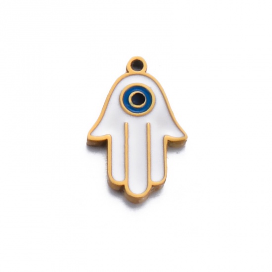 Picture of 1 Piece 304 Stainless Steel Stylish Charms Gold Plated White & Blue Hamsa Symbol Hand Enamel 14mm x 9mm