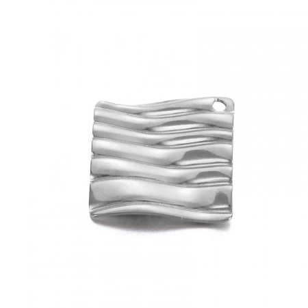 Picture of 1 Piece 304 Stainless Steel Simple Charms Silver Tone Wave Square 17mm x 17mm