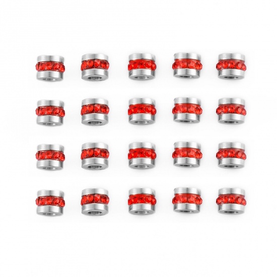 Picture of 5 PCs 304 Stainless Steel Birthstone Beads For DIY Charm Jewelry Making Single Hole Tube Silver Tone Red Rhinestone 6mm x 6mm, Hole: Approx 3mm