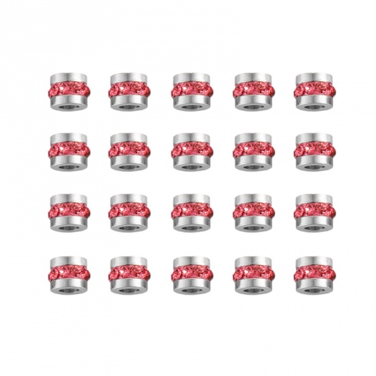Picture of 5 PCs 304 Stainless Steel Birthstone Beads For DIY Charm Jewelry Making Single Hole Tube Silver Tone Deep Pink Rhinestone 6mm x 6mm, Hole: Approx 3mm