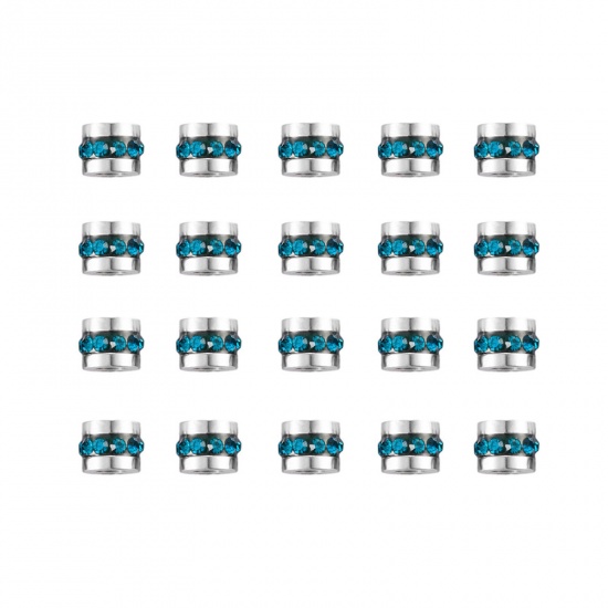 Picture of 5 PCs 304 Stainless Steel Birthstone Beads For DIY Charm Jewelry Making Single Hole Tube Silver Tone Blue Rhinestone 6mm x 6mm, Hole: Approx 3mm