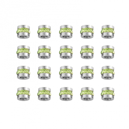 Picture of 5 PCs 304 Stainless Steel Birthstone Beads For DIY Charm Jewelry Making Single Hole Tube Silver Tone Light Green Rhinestone 6mm x 6mm, Hole: Approx 3mm