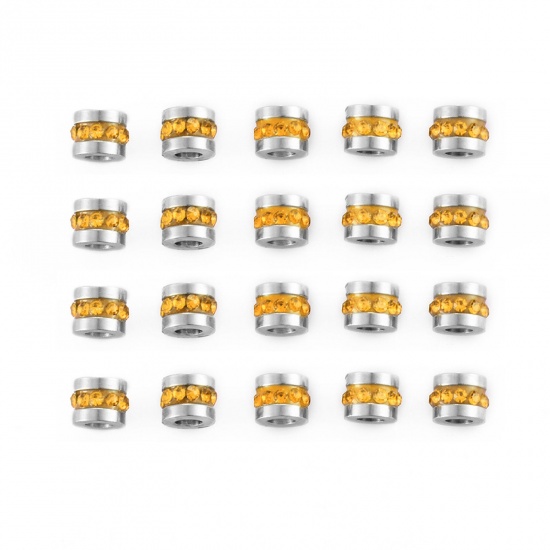 Picture of 5 PCs 304 Stainless Steel Birthstone Beads For DIY Charm Jewelry Making Single Hole Tube Silver Tone Orange Rhinestone 6mm x 6mm, Hole: Approx 3mm
