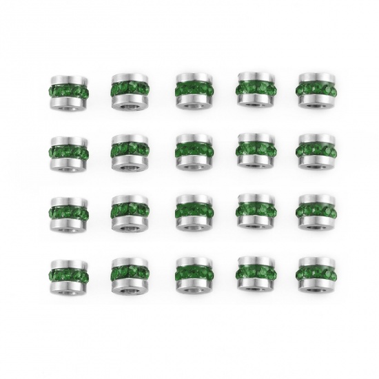 Picture of 5 PCs 304 Stainless Steel Birthstone Beads For DIY Charm Jewelry Making Single Hole Tube Silver Tone Green Rhinestone 6mm x 6mm, Hole: Approx 3mm