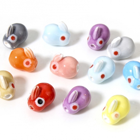 Picture of 10 PCs Ceramic Beads For DIY Charm Jewelry Making Rabbit Animal At Random Mixed Color About 13mm x 13mm, Hole: Approx 2mm
