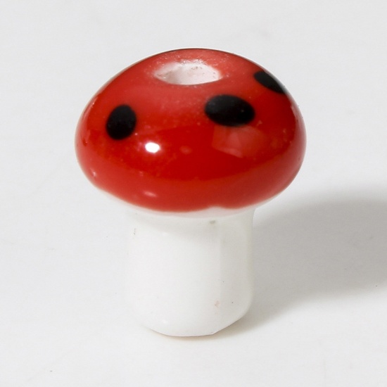 Immagine di 10 Pz Ceramica Diatanziale Perline per la Creazione di Gioielli con Ciondoli Fai-da-te Fungo Rosso Circa 3D Circa 12mm x 10mm, Foro: Circa 2mm