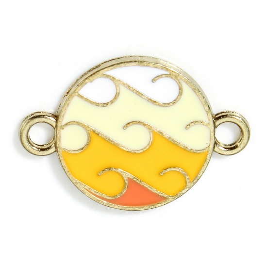 Picture of 10 PCs Zinc Based Alloy Connectors Charms Pendants Gold Plated Yellow Gradient Color Round Wave Enamel 23mm x 16mm