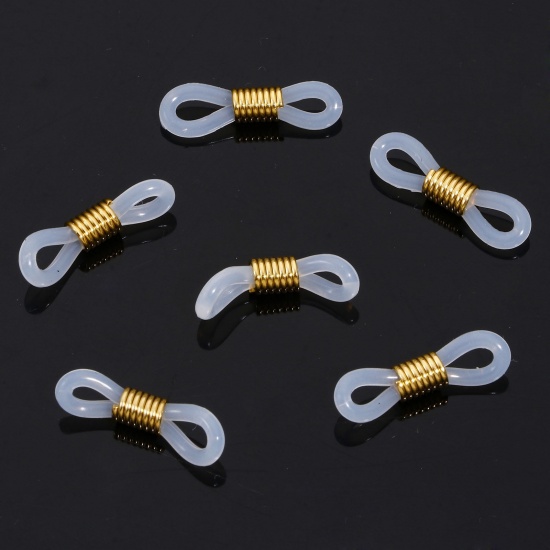 Picture of 10 PCs 304 Stainless Steel & Silicone Eyeglasses Chain Ends Connectors Anti-slip Strap Holder 18K Gold Plated White 20mm x 4mm