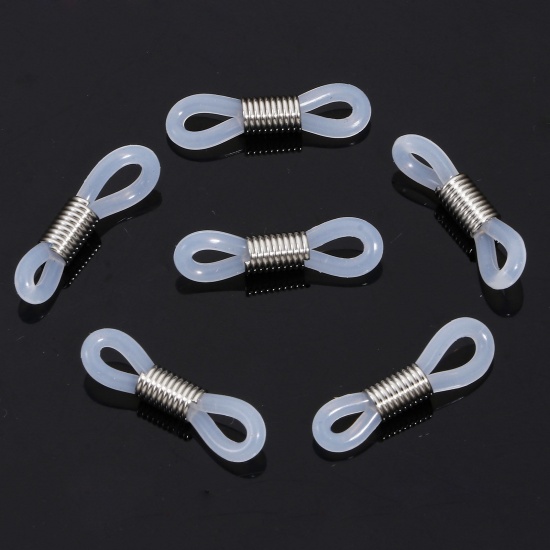 Picture of 10 PCs 304 Stainless Steel & Silicone Eyeglasses Chain Ends Connectors Anti-slip Strap Holder Silver Tone White 20mm x 4mm