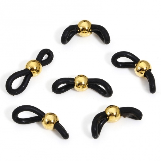 Immagine di 10 Pz 304 Acciaio Inossidabile & Silicone Connettori per Estremità della Catena per Occhiali Supporto per Cinturino Antiscivolo Placcato Oro 18K Nero 20mm x 6mm