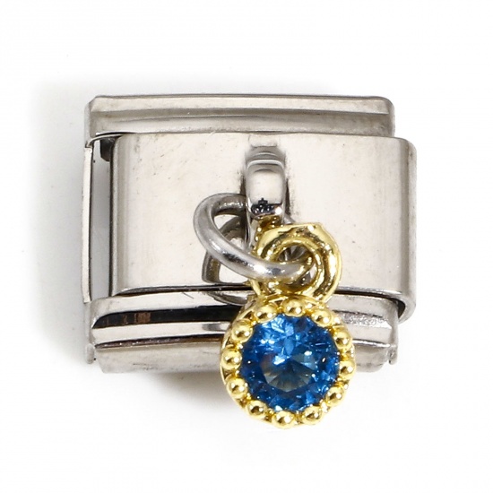 Immagine di 1 Pz 304 Acciaio Inossidabile Bracciale con Charm Italiano a Maglie, Creazione di Gioielli Fai-da-te Tono Argento Rettangolo Con Ciondolo Blu Marino Strass 10mm x 9mm
