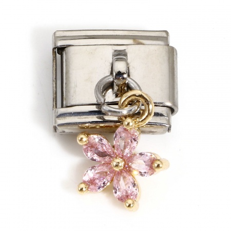 Picture of 1 Piece 304 Stainless Steel Italian Charm Links For DIY Bracelet Jewelry Making Silver Tone Rectangle Flower With Pendant Pink Rhinestone 10mm x 9mm