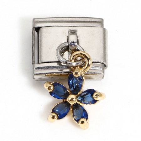 Picture of 1 Piece 304 Stainless Steel Italian Charm Links For DIY Bracelet Jewelry Making Silver Tone Rectangle Flower With Pendant Blue Violet Rhinestone 10mm x 9mm