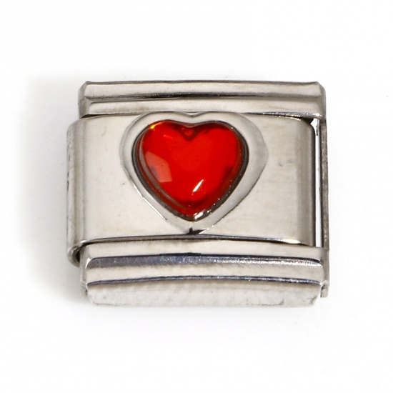 Picture of 1 Piece 304 Stainless Steel Valentine's Day Italian Charm Links For DIY Bracelet Jewelry Making Silver Tone Rectangle Heart Red Rhinestone 10mm x 9mm
