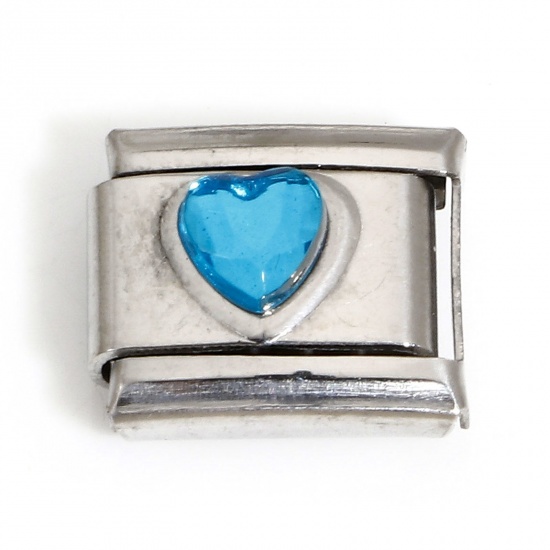 Picture of 1 Piece 304 Stainless Steel Valentine's Day Italian Charm Links For DIY Bracelet Jewelry Making Silver Tone Rectangle Heart Lake Blue Rhinestone 10mm x 9mm