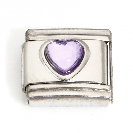 Picture of 1 Piece 304 Stainless Steel Valentine's Day Italian Charm Links For DIY Bracelet Jewelry Making Silver Tone Rectangle Heart Purple Rhinestone 10mm x 9mm