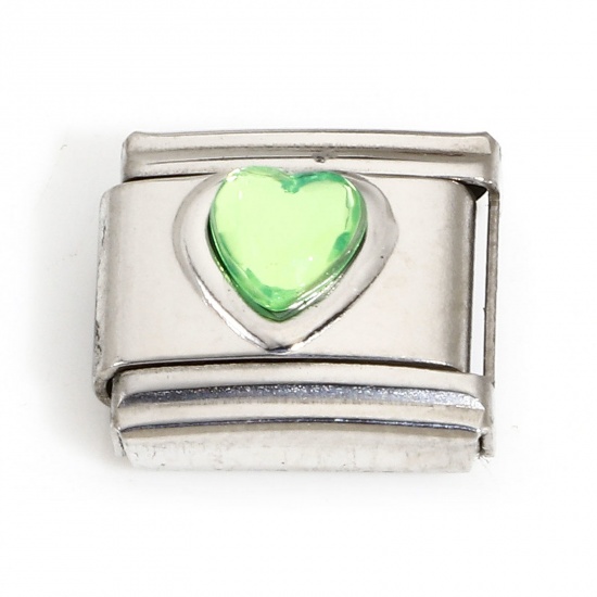 Picture of 1 Piece 304 Stainless Steel Valentine's Day Italian Charm Links For DIY Bracelet Jewelry Making Silver Tone Rectangle Heart Grass Green Rhinestone 10mm x 9mm