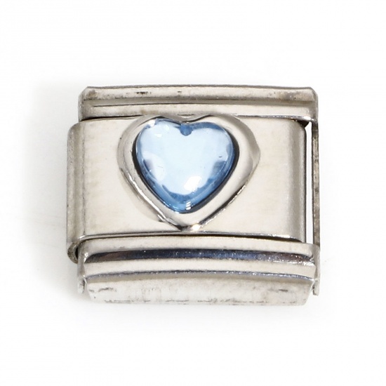 Picture of 1 Piece 304 Stainless Steel Valentine's Day Italian Charm Links For DIY Bracelet Jewelry Making Silver Tone Rectangle Heart Light Blue Rhinestone 10mm x 9mm
