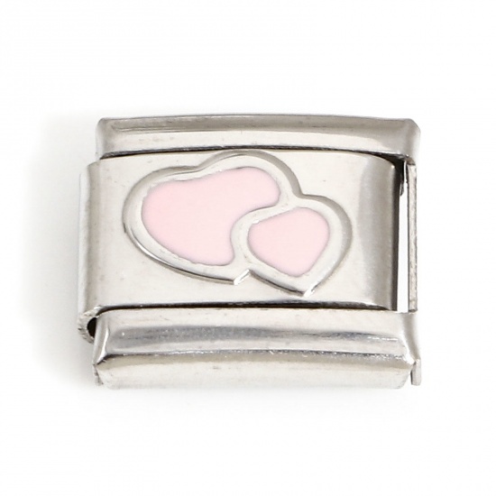 Picture of 1 Piece 304 Stainless Steel Valentine's Day Italian Charm Links For DIY Bracelet Jewelry Making Silver Tone Light Pink Rectangle Heart Enamel 10mm x 9mm