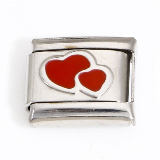 Picture of 1 Piece 304 Stainless Steel Valentine's Day Italian Charm Links For DIY Bracelet Jewelry Making Silver Tone Red Rectangle Heart Enamel 10mm x 9mm