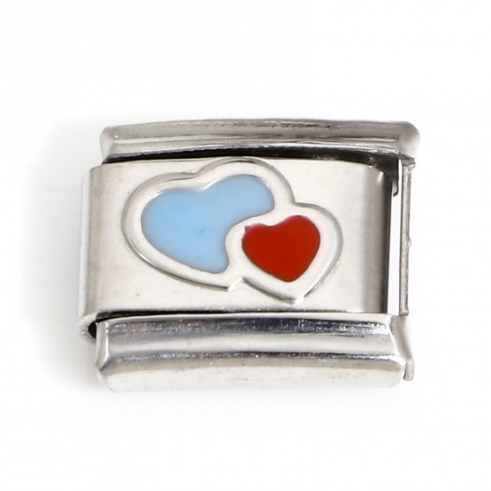 Picture of 1 Piece 304 Stainless Steel Valentine's Day Italian Charm Links For DIY Bracelet Jewelry Making Silver Tone Red & Blue Rectangle Heart Enamel 10mm x 9mm