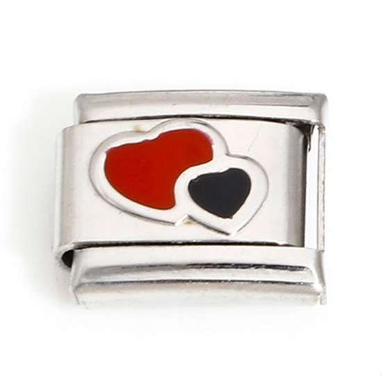 Picture of 1 Piece 304 Stainless Steel Valentine's Day Italian Charm Links For DIY Bracelet Jewelry Making Silver Tone Black & Red Rectangle Heart Enamel 10mm x 9mm