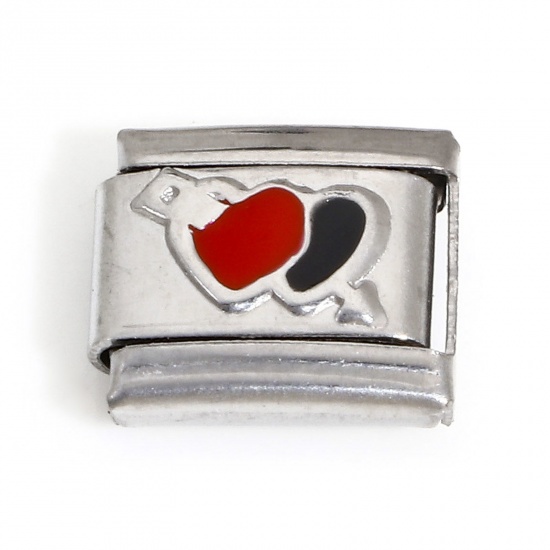 Picture of 1 Piece 304 Stainless Steel Valentine's Day Italian Charm Links For DIY Bracelet Jewelry Making Silver Tone Black & Red Rectangle Arrow Through Heart Enamel 10mm x 9mm