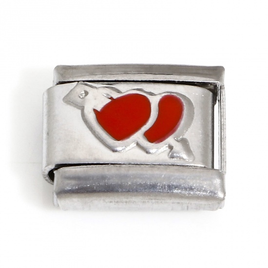 Picture of 1 Piece 304 Stainless Steel Valentine's Day Italian Charm Links For DIY Bracelet Jewelry Making Silver Tone Red Rectangle Arrow Through Heart Enamel 10mm x 9mm