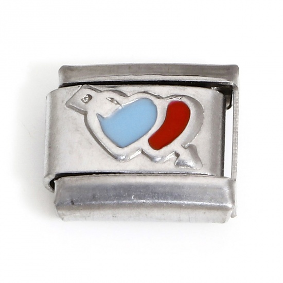 Picture of 1 Piece 304 Stainless Steel Valentine's Day Italian Charm Links For DIY Bracelet Jewelry Making Silver Tone Red & Blue Rectangle Arrow Through Heart Enamel 10mm x 9mm