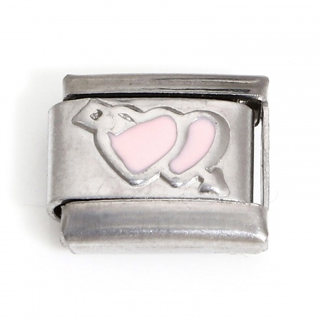 Picture of 1 Piece 304 Stainless Steel Valentine's Day Italian Charm Links For DIY Bracelet Jewelry Making Silver Tone Light Pink Rectangle Arrow Through Heart Enamel 10mm x 9mm