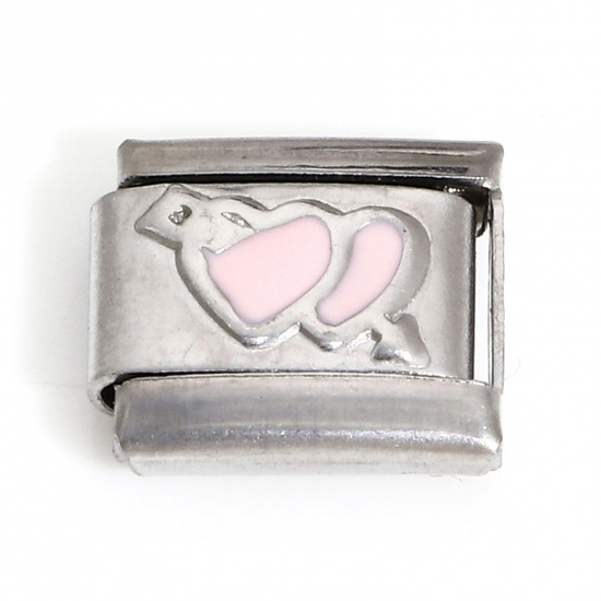 Picture of 1 Piece 304 Stainless Steel Valentine's Day Italian Charm Links For DIY Bracelet Jewelry Making Silver Tone Light Pink Rectangle Arrow Through Heart Enamel 10mm x 9mm