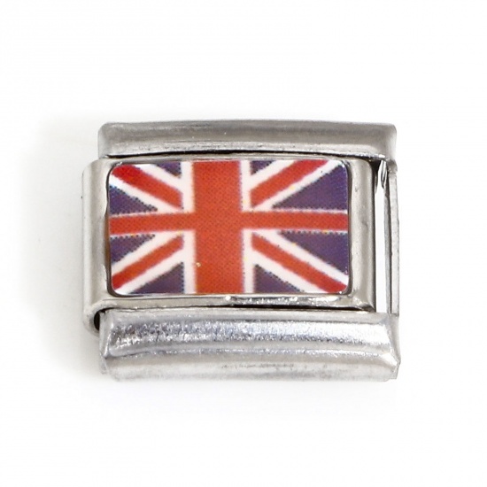 Picture of 1 Piece 304 Stainless Steel Italian Charm Links For DIY Bracelet Jewelry Making Silver Tone Rectangle Union Jack Flag Enamel 10mm x 9mm