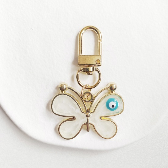 Picture of 1 Piece Insect Keychain & Keyring Gold Plated White Butterfly Animal Eye Enamel 5.8cm x 3.8cm