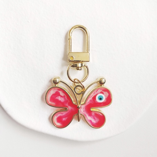 Picture of 1 Piece Insect Keychain & Keyring Gold Plated Red Butterfly Animal Eye Enamel 5.8cm x 3.8cm