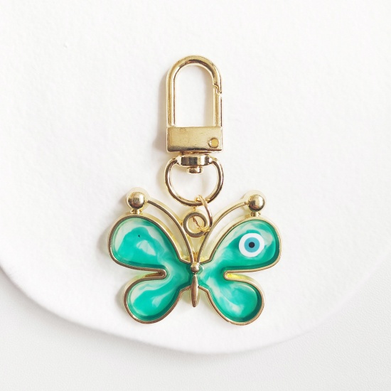 Picture of 1 Piece Insect Keychain & Keyring Gold Plated Green Butterfly Animal Eye Enamel 5.8cm x 3.8cm