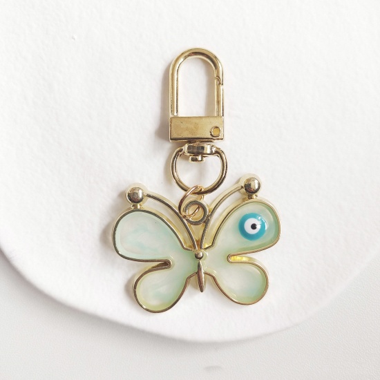 Picture of 1 Piece Insect Keychain & Keyring Gold Plated Light Blue Butterfly Animal Eye Enamel 5.8cm x 3.8cm