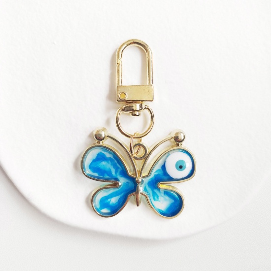 Picture of 1 Piece Insect Keychain & Keyring Gold Plated Peacock Blue Butterfly Animal Eye Enamel 5.8cm x 3.8cm