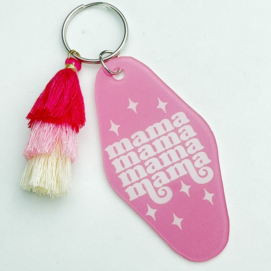 Picture of 1 Piece Acrylic Mother's Day Keychain & Keyring Peach Pink Tassel Oval 10.5cm