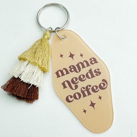 Picture of 1 Piece Acrylic Mother's Day Keychain & Keyring Khaki Tassel Oval 10.5cm