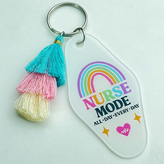Picture of 1 Piece Acrylic Mother's Day Keychain & Keyring White Tassel Oval 10.5cm