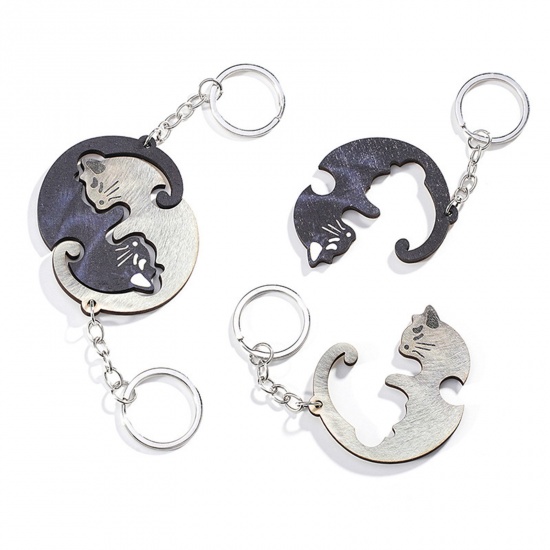 Picture of 1 Set ( 2 PCs/Set) Wood Mother's Day Keychain & Keyring Silver Tone Cat Animal Eight Diagrams 12.5cm x 5.3cm