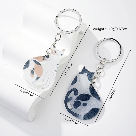 Picture of 1 Set ( 2 PCs/Set) Acrylic Mother's Day Keychain & Keyring Silver Tone Cat Animal 9.8cm x 4.1cm