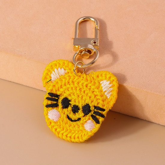 Picture of 1 Piece Polyester Cute Keychain & Keyring Gold Plated Black & Yellow Cat Animal Head Portrait 7cm