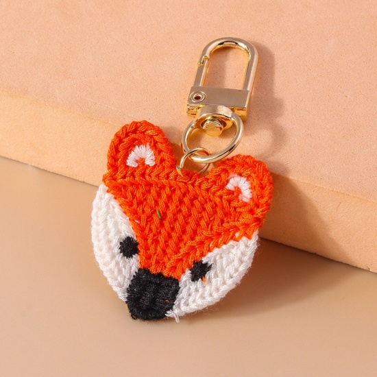 Picture of 1 Piece Polyester Cute Keychain & Keyring Gold Plated White & Orange Fox Animal Head Portrait 7cm