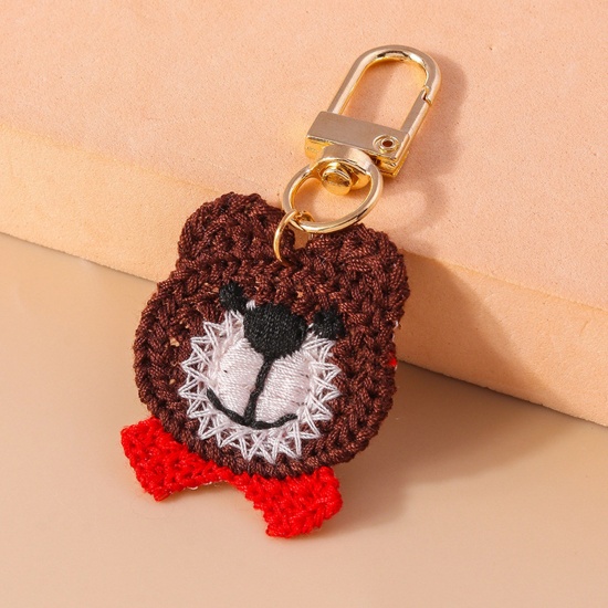 Picture of 1 Piece Polyester Cute Keychain & Keyring Gold Plated Red & Brown Bear Animal Head Portrait 7cm