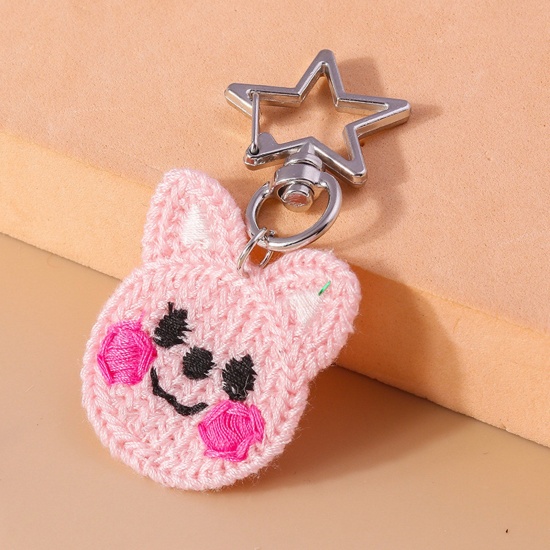 Picture of 1 Piece Polyester Cute Keychain & Keyring Gold Plated Pink Rabbit Animal Head Portrait 7cm