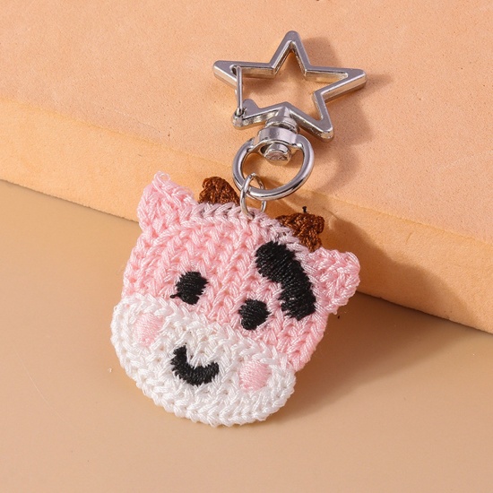 Picture of 1 Piece Polyester Cute Keychain & Keyring Gold Plated White & Pink Deer Animal Head Portrait 7cm