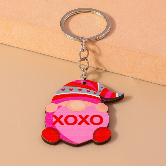 Picture of 1 Piece Wood Valentine's Day Keychain & Keyring Silver Tone Fuchsia Pixie Elf Message " Xoxo " 10cm